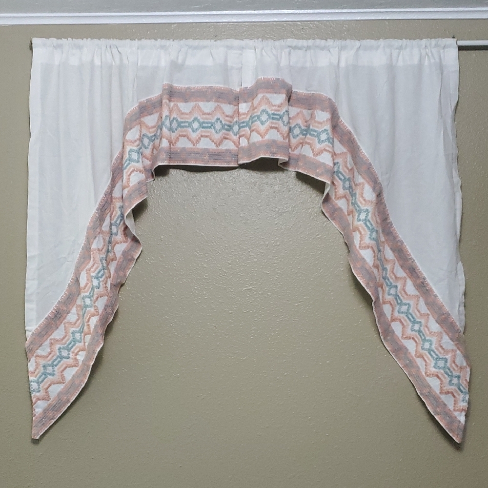 Vintage Sears Embroidered Valance Curtain Set - 2 Angled Panels Pastel Pink Blue